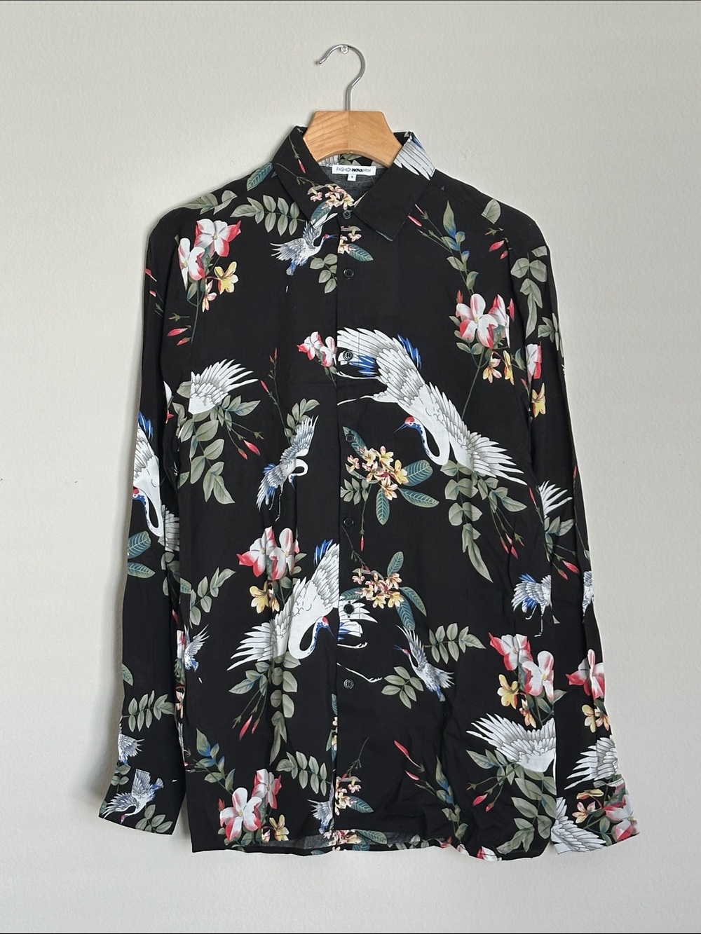 Fashion Nova Black Crane & Floral Button-Down Shirt
